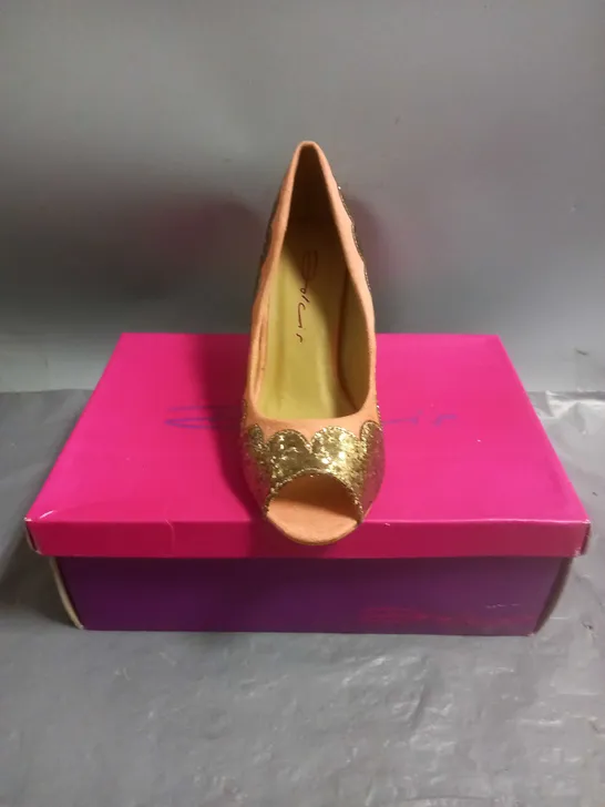 DOLCIS LADIES HIGH HEELED OPEN TOE SHOES CORAL/BRONZE GLITTER SIZE 3