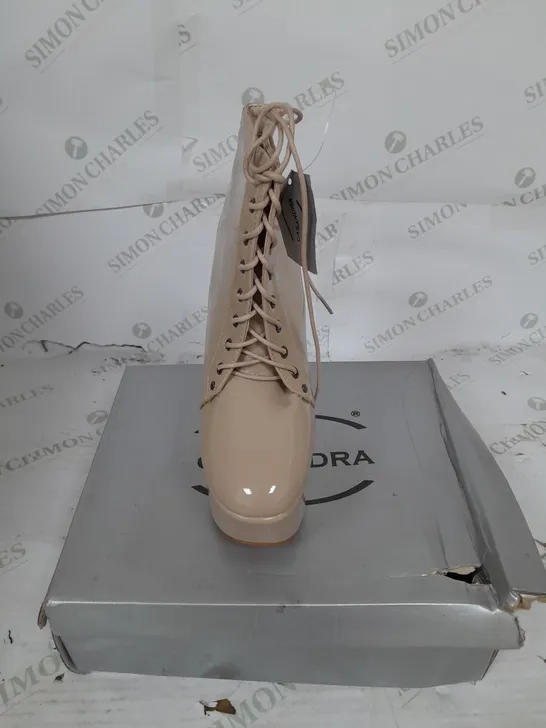BOXED PAIR OF CASANDRA PLATFORM LACE UP ANKLE BOOT IN NUDE PATENT SIZE 5