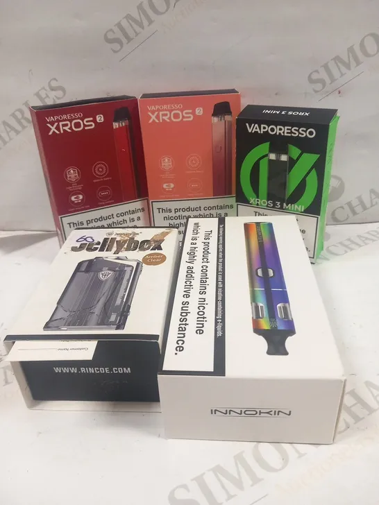 APPROXIMATELY 5 BOXED VAPING PRODUCTS TO INCLUDE; INNOKIN, VAPORESSO XROS 2 AND JELLYBOX 