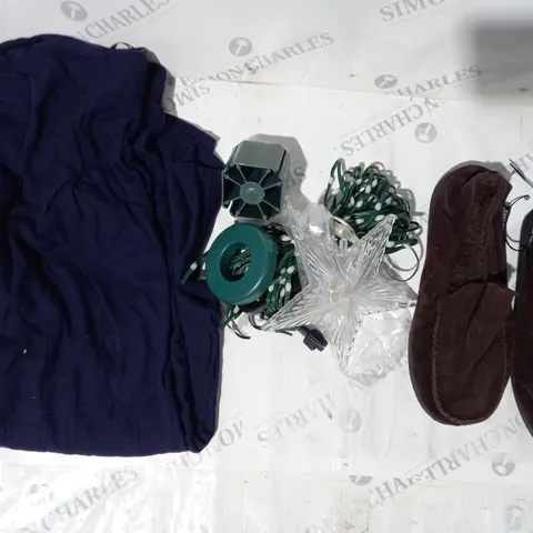 BOX OF APPROXIMATELY 10 ASSORTED HOUSEHOLD ITEMS TO INCLUDE SLIPPERS IN BROWN SIZE 5, FESTIVE DECORATIVE LIGHTS, IZABEL LONDON TROUSERS IN NAVY SIZE 18, ETC