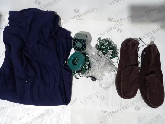 BOX OF APPROXIMATELY 10 ASSORTED HOUSEHOLD ITEMS TO INCLUDE SLIPPERS IN BROWN SIZE 5, FESTIVE DECORATIVE LIGHTS, IZABEL LONDON TROUSERS IN NAVY SIZE 18, ETC