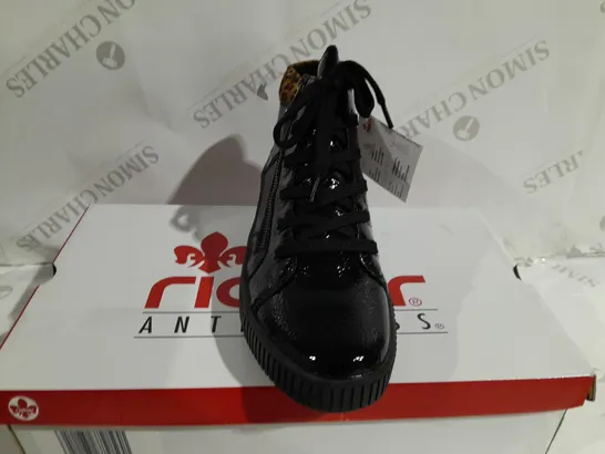 BOXED PAIR OF RIEKER BROWN HIGH TOP LEOPARD CUFF TRAINERS BLACK - SIZE 5 