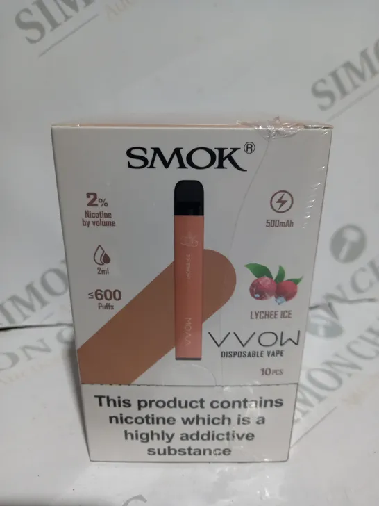 BOXED CELLOPHANE-WRAPPED PACK OF TEN SMOK VVOW DISPOSABLE VAPES - LYCHEE ICE 