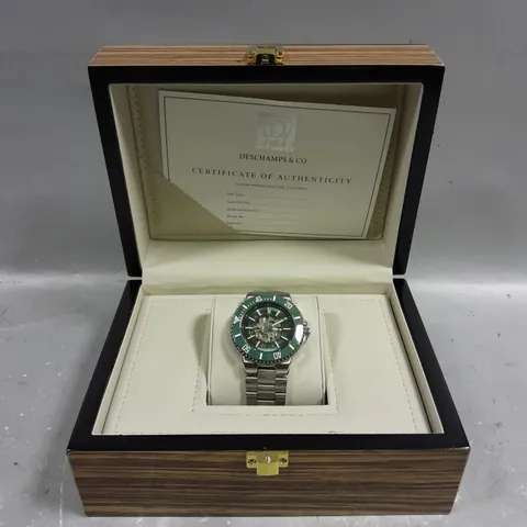 BOXED DESCHAMPS & CO AUTOMATIC WATCH GREEN SKELETON DIAL STAINLESS STEEL STRAP 