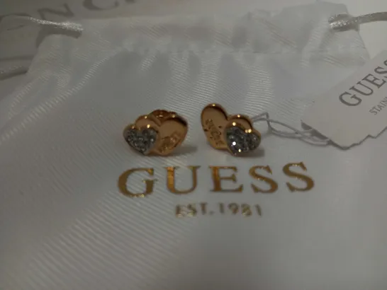 BOX OF 2 GUESS ITEMS TO INCLUDE MY CHAINS GENTS NECKLACE AND ROSE GOLD PLATED CRYSTAL SET HEART EARRINGS RRP £88