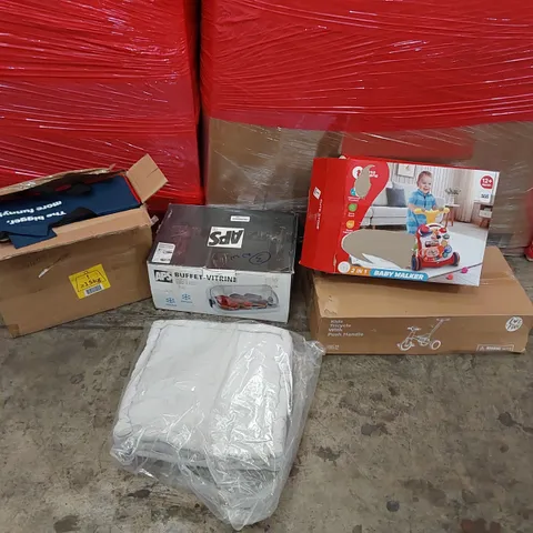 PALLET OF ASSORTED ITEMS INCLUDING: KIDS TRICYCLE, 2 IN 1 BABY WALKER, LARGE TUMBLE TOWER JENGA SET, BUFFET-VITRINE, CUSHION