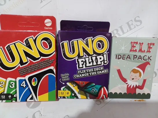 BOX OF APPROXIMATELY 10 ASSORTED TOYS AND GAMES TO INCLUDE ELF IDEA PACK, UNO FLIP, UNO, ETC