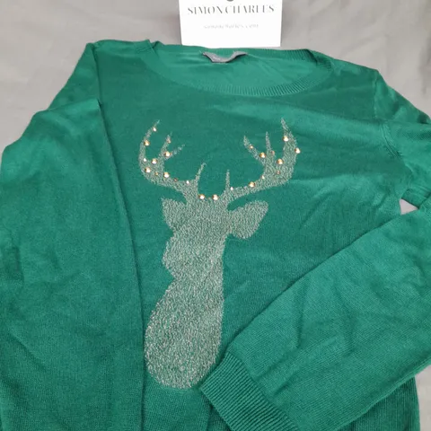 RUTH LANGSFORD LADIES GREEN SEQUINED CHRISTMAS JUMPER SIZE S