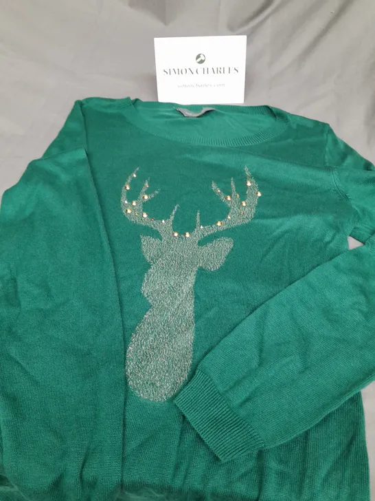 RUTH LANGSFORD LADIES GREEN SEQUINED CHRISTMAS JUMPER SIZE S