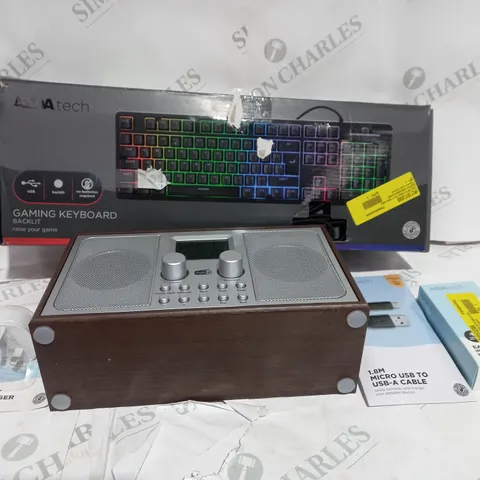 BOX OF APPROXIMATELY 10 ASSORTED ITEMS TO INCLUDE GAMING KEYBOARD, USB CABLE, RADIO ETC