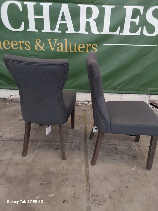 PAIR OF UPHOLSTERED BUTTONED BACK DINING CHAIRS GREY FABRIC ON SILVERED LEGS 