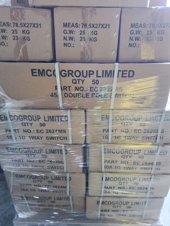 PALLET OF APPROXIMATELY 46 MULTI PACK EMCO BOXES TO INCLUDE - 10A 1G 1WAY SWITCH , 45AMP DOUBLE POLE SWITCH - COLLECTION ONLY