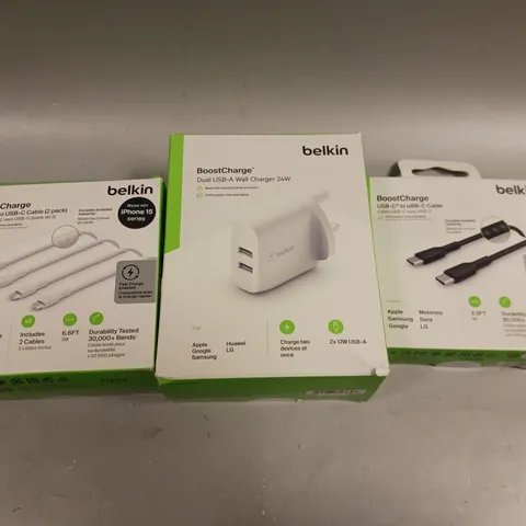 APPROXIMATELY 15 ASSORTED BOXED BELKIN CHARGING ACCESSORIES TO INCLUDE USB PLUGS & CHARGING CABLES 