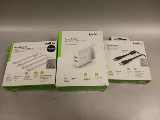 APPROXIMATELY 15 ASSORTED BOXED BELKIN CHARGING ACCESSORIES TO INCLUDE USB PLUGS & CHARGING CABLES 