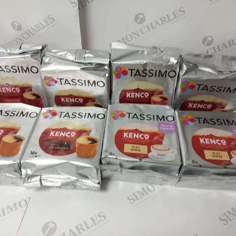 APPROXIMATELY EIGHT TASSIMO KENCO COFFEE POD PACKS TO INCLUDE; FLAT WHITE(2 PACKS OF 8 PODS), 100% COLOMBIAN(4 PACKS OF 16 PODS) AND AMERICANO GRANDE(2 PACKS OF 16 PODS) 