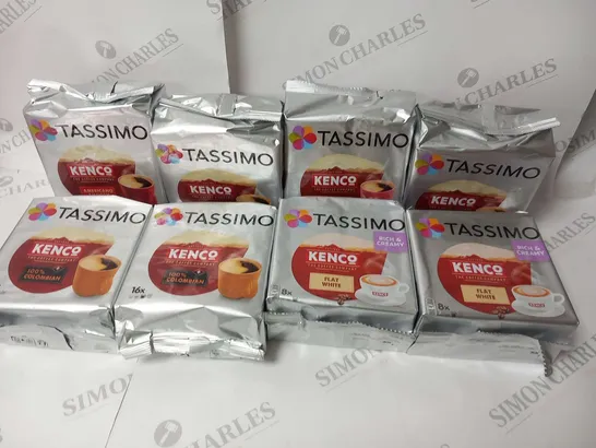 APPROXIMATELY EIGHT TASSIMO KENCO COFFEE POD PACKS TO INCLUDE; FLAT WHITE(2 PACKS OF 8 PODS), 100% COLOMBIAN(4 PACKS OF 16 PODS) AND AMERICANO GRANDE(2 PACKS OF 16 PODS) 