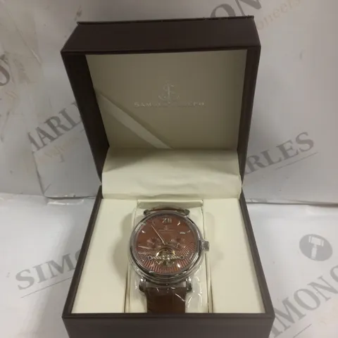 BOXED SAMUEL JOSEPH AUTOMATIC STEEL BROWN WATCH WITH LEATHER STRAP