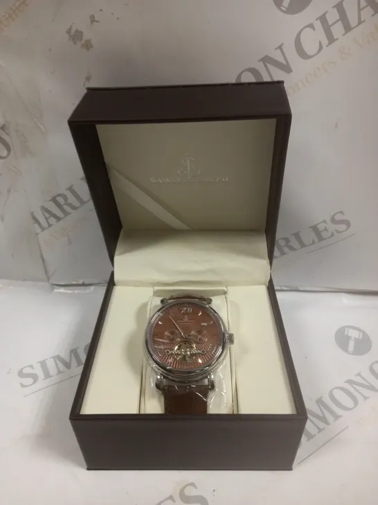 BOXED SAMUEL JOSEPH AUTOMATIC STEEL BROWN WATCH WITH LEATHER STRAP