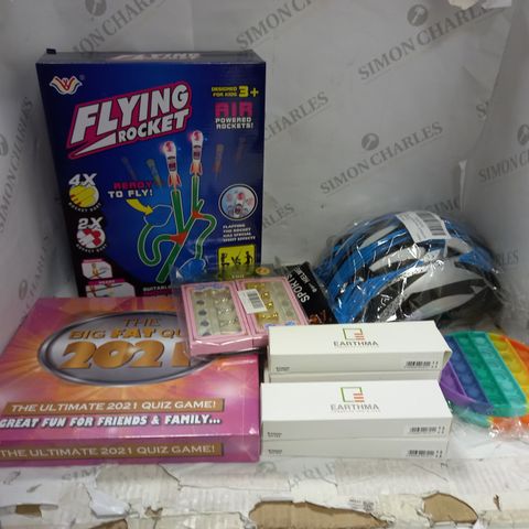 BOX OF APPROX 10 ASSORTED ITEMS TO INCLUDE FLYING ROCKET GAME, UNIVERSAL REMOTE, SPORTS HELMET