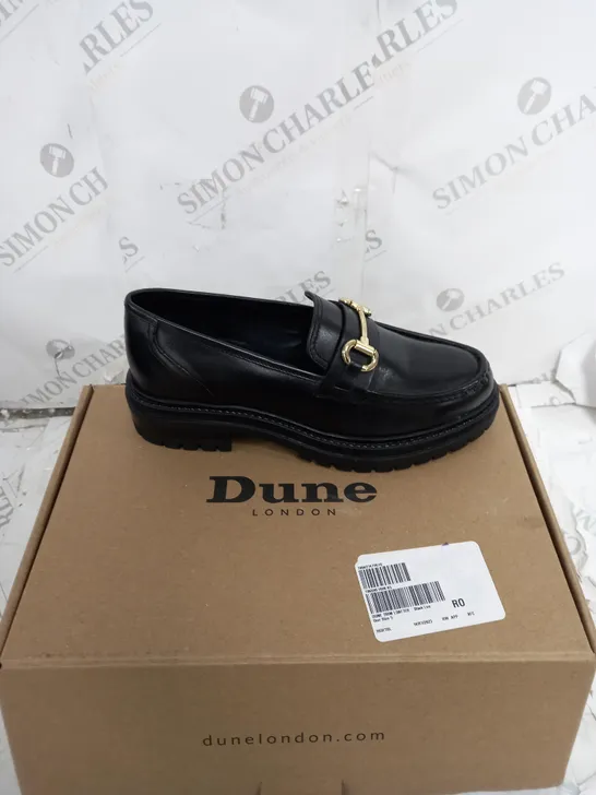 BOXED PAIR OF OUTLET DUNE GALLAGHER CHUNKY SNAFFLE TRIM LOAFERS IN BLACK UK SIZE 5