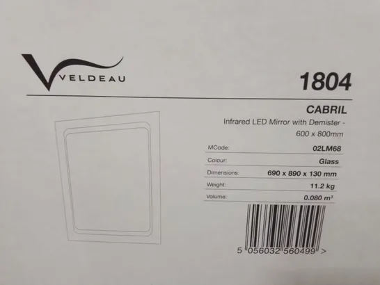 BOXED AS NEW VELDEAU CABRIL INFRARED LED MIRROR WITH DEMISTER - 600X800MM