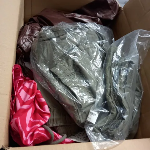  BOX OF ASSORTED CLOTHING ITEMS TOO INCLUDE DRESSES , SHIRTS AND TROUSERS IN VARIOUS SIZES AND COLOURS   