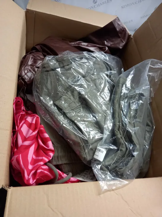  BOX OF ASSORTED CLOTHING ITEMS TOO INCLUDE DRESSES , SHIRTS AND TROUSERS IN VARIOUS SIZES AND COLOURS   