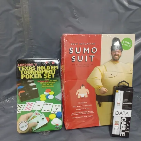 APPROXIMATELY 15 ASSORTED ITEMS TO INCLUDE SUMO SUIT, TEXAS HOLD'EM SET, FAST DATA CABLE, ETC