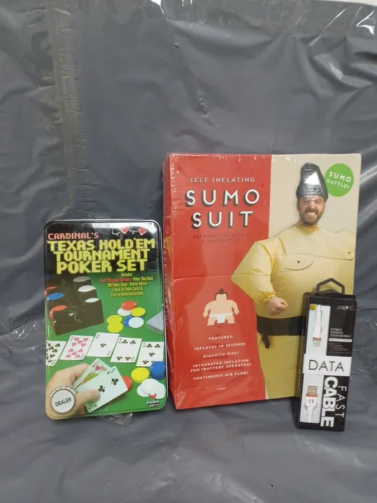 APPROXIMATELY 15 ASSORTED ITEMS TO INCLUDE SUMO SUIT, TEXAS HOLD'EM SET, FAST DATA CABLE, ETC