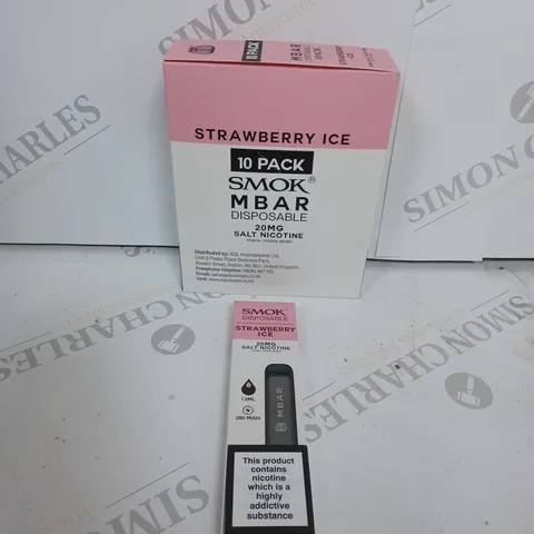 BOX OF APPROXIMATELY 10 BOXES OF STRAWBERRY ICE 10 PACK SMOK M BAR DISPOSABLE 20MG SALT NICOTINE