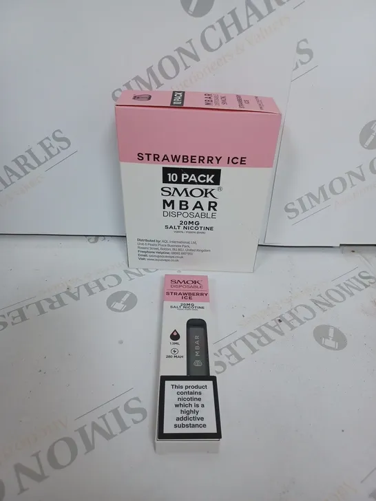 BOX OF APPROXIMATELY 10 BOXES OF STRAWBERRY ICE 10 PACK SMOK M BAR DISPOSABLE 20MG SALT NICOTINE