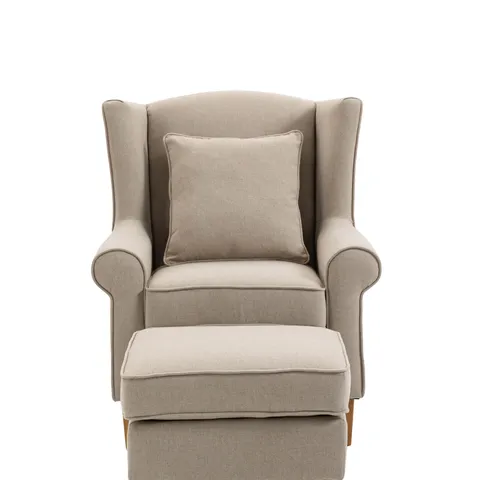 BRAND NEW BOXED ALISON AT HOME MOTCOMB WINGBACK ARMCHAIR WITH STOOL & SCATTER CUSHION - BEIGE (1 BOX)