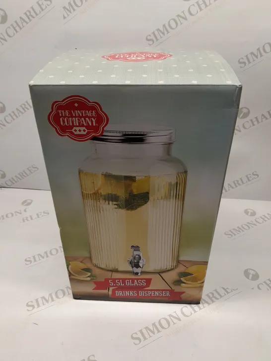 BRAND NEW BOXED THE VINTAGE COMPANY 5.5 LITRE GLASS DRINKS DISPENSER