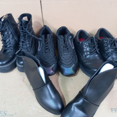 BOX OF APPROXIMATELY 5 DESIGNER FOOTWEAR ITEMS TO INCLUDE BLACK SHOES UK SIZE 8, BLACK FAUX LEATHER BOOTS EU SIZE 36, BLACK HEELED SHOES EU SIXE 39, ETC