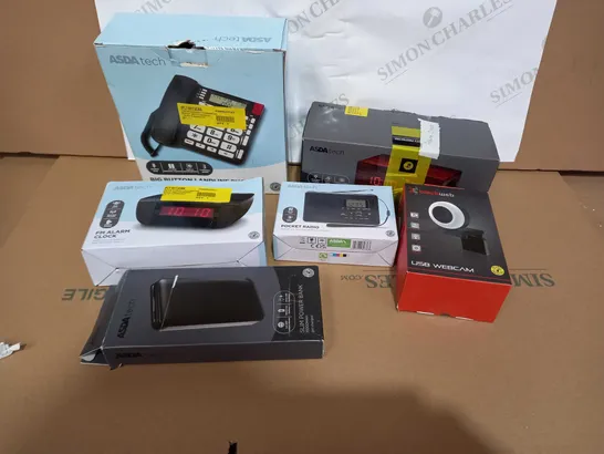 BOX OF APPROXIMATELY 25 ASSORTED ITEMS TO INCLUDE A BIG BUTTON LANDLINE PHONE, A FM ALARM CLOCK, A POWERBANK AND A USB WEBCAM