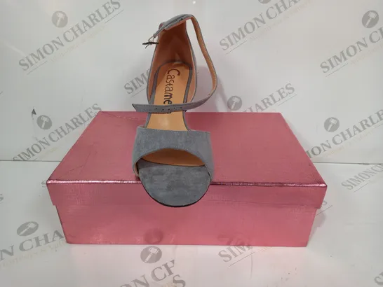 BOXED PAIR OF CASTAMERE OPEN TOE SUEDE HEELS IN GREY EU SIZE 38.5