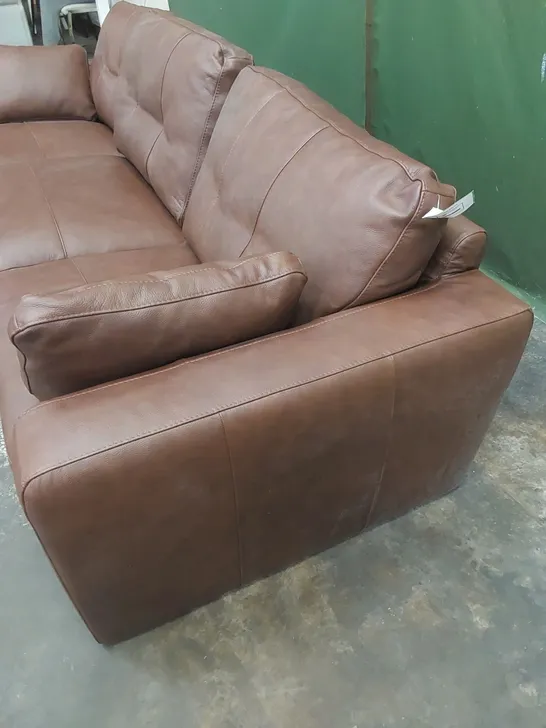 DESIGNER 3 SEATER TAN LEATHER CHAISE SOFA 