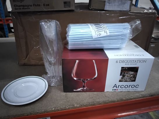 4 BOXES OF APPROXIMATELY 80 ITEM INCLUDING MAPLE TEA PLATE, CHAMPAGNE FLUTE GLASS, BAGOF APPROX 200 STRAWS, ARCOROC 6 DEGUSTATION GLASSES