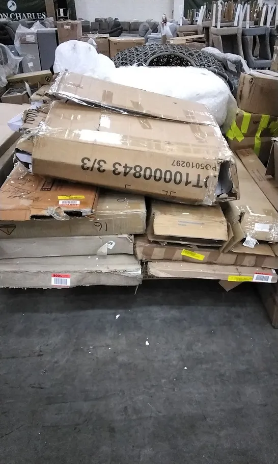 PALLET OF ASSORTED BOXED FURNITURE PARTS INCLUDING WARDROBE AND DINING TABLE