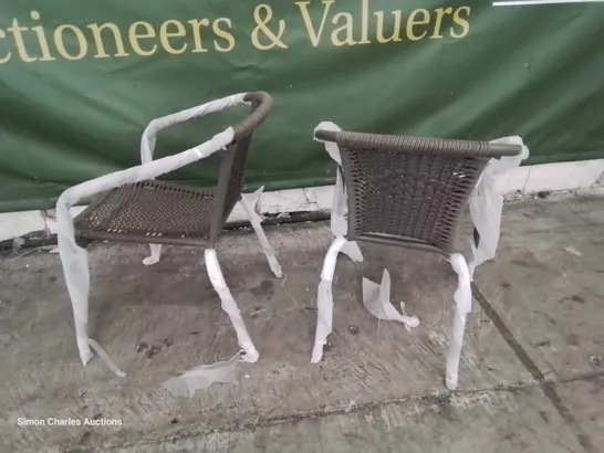 PAIR OF RATTAN EFFECT METAL FRAMED ARMCHAIRS