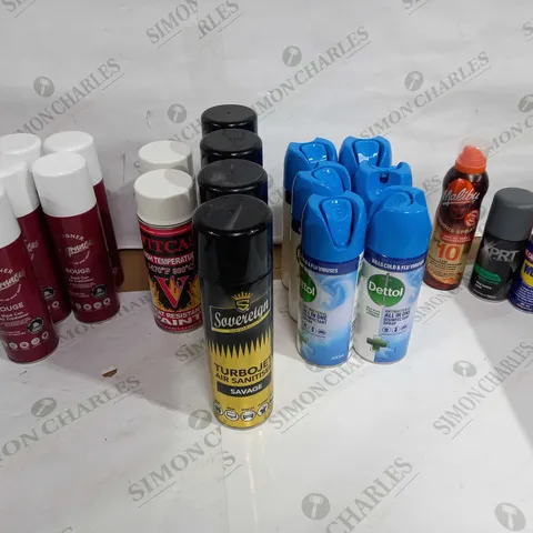 LOT OF APPROX 20 ASSORTED AEROSOLS TO INCLUDE AIR SPRAY, BODY SPRAY, WD-40 ETC