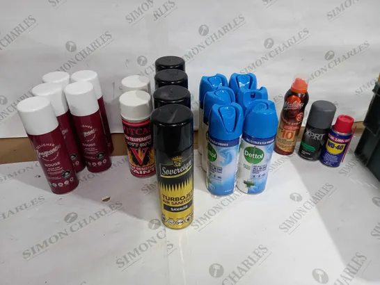 LOT OF APPROX 20 ASSORTED AEROSOLS TO INCLUDE AIR SPRAY, BODY SPRAY, WD-40 ETC