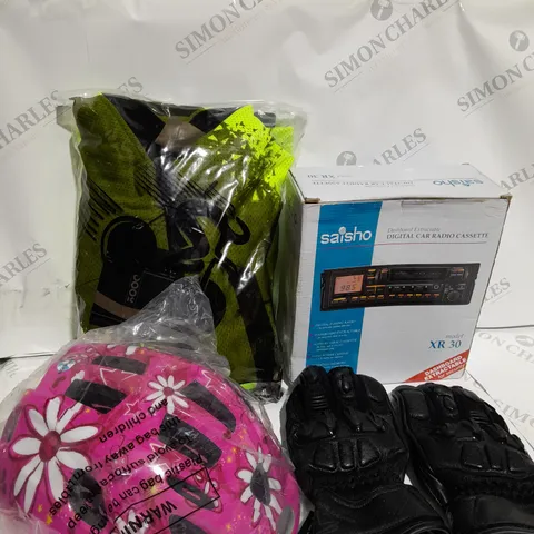 BOX OF APPROXIMATELY 20 ITEMS TO INCLUDE DIGITAL CAR RADIO, NEON CYCLING JACKET, BIKER GLOVES ETC