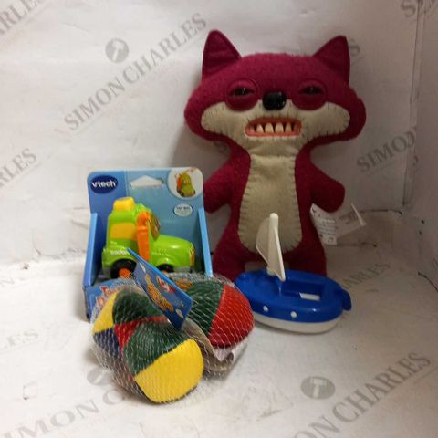4 ASSORTED PRODUCTS TO INCLUDE; V TECH TOOT TOOT DRIVERS TRACTOR, JUGGLING BALLS AND FUGGLER SOFT TOY