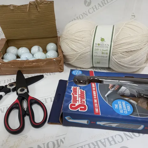 BOX OF APPROXIMATELY 10 ITEMS TO INCLUDE GOLF BALLS, SCISSORS, YARN ETC