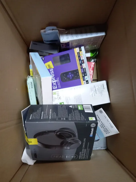 BOX OF APPROXIMATELY 15 ITEMS TO INCLUDE NOISE CANCELLING HEADPHONES, BLUETOOTH NECKBAND, WIRELESS EARBUDS ETC