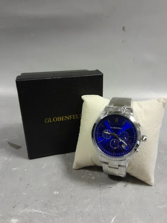 GLOBENFELD MARKSMAN SILVER BLUE DIAL STAINLESS STEEL CASE WATCH 