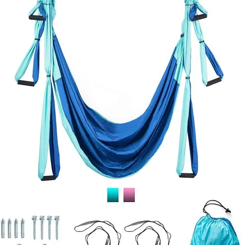 BOXED COSTWAY AERIAL YOGA SWING WITH THREE DIFFERENT LENGTHS OF HANDLE - LAKE BLUE