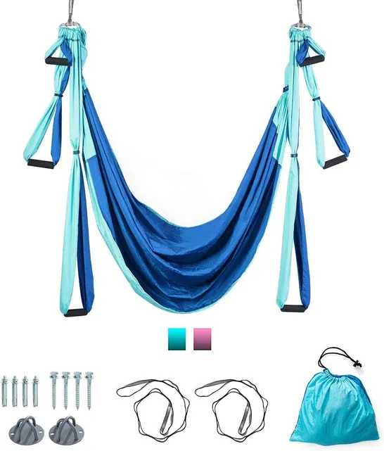 BOXED COSTWAY AERIAL YOGA SWING WITH THREE DIFFERENT LENGTHS OF HANDLE - LAKE BLUE