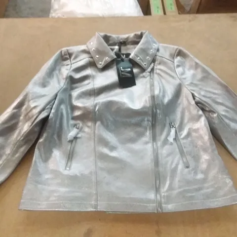 BOX OF APPROXIMATELY 12 JULIEN MACDONALD METALLIC BIKER JACKET IN SILVER - SIZE 16